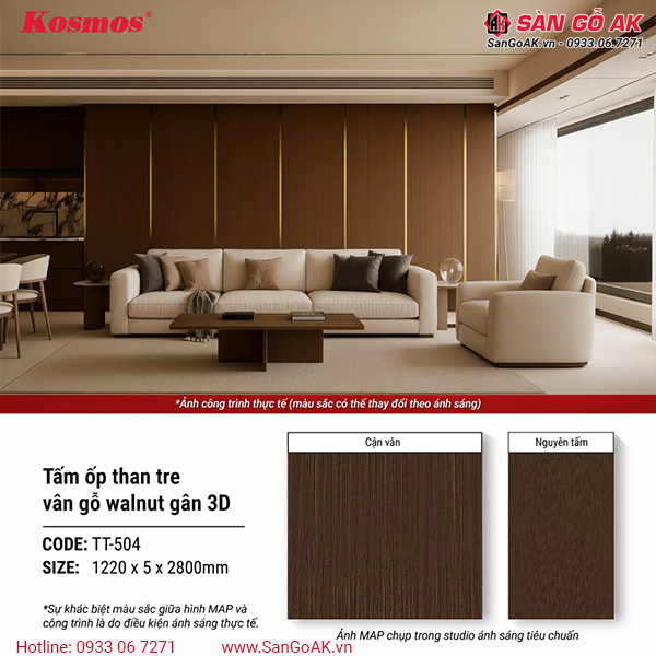 Tấm ốp than tre Kosmos vân gỗ walnut gân 3D TT-504